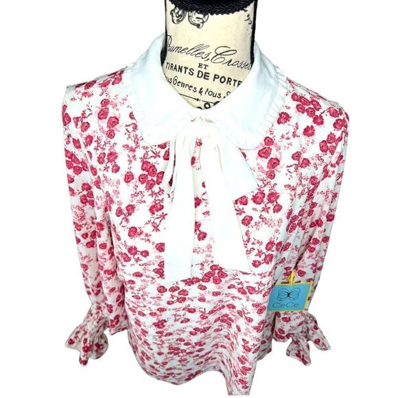 CeCe Ditsy Floral Blouse in White and Blush - Picture 2 of 12